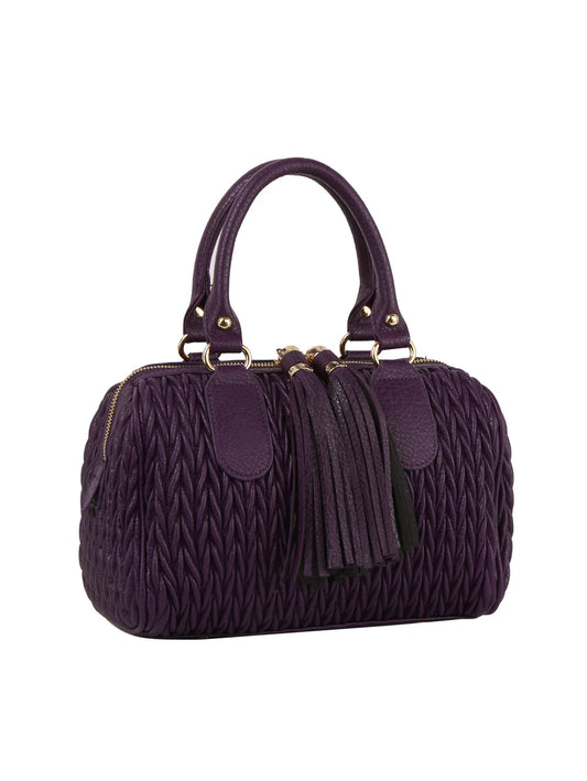 The Embossed Tassel Accented Satchel Handbag is a small, purple, quilted faux leather bag with double handles, gold-tone hardware, zipper closure, and front tassels. Stylish and compatible with tablets for everyday use.